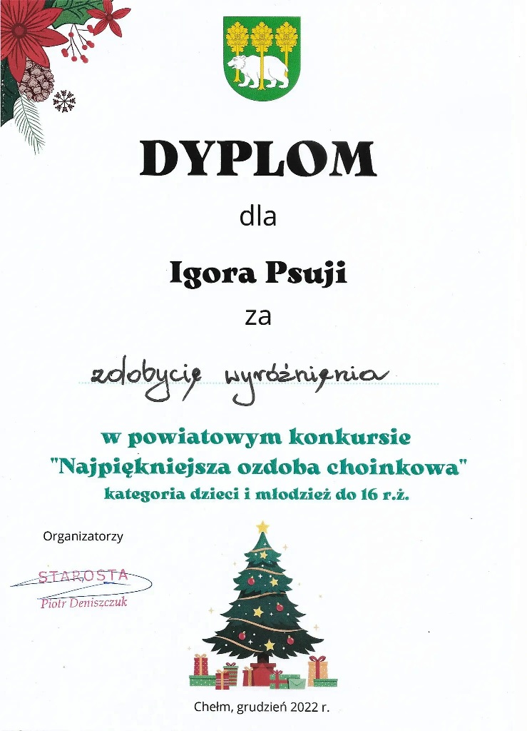 LAUREACI KONKURSU POWIATOWEGO „NAJPIĘKNIEJSZA OZDOBA CHOINKOWA”